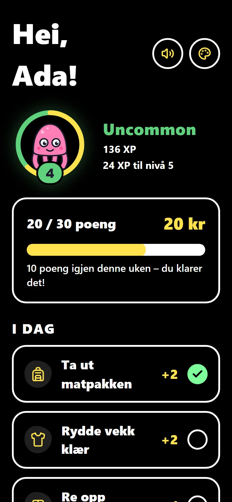 Barnets skjerm med høy kontrast og stor tekst: hvit tekst og gule detaljer på svart bakgrunn, og en høyttalerknapp øverst.