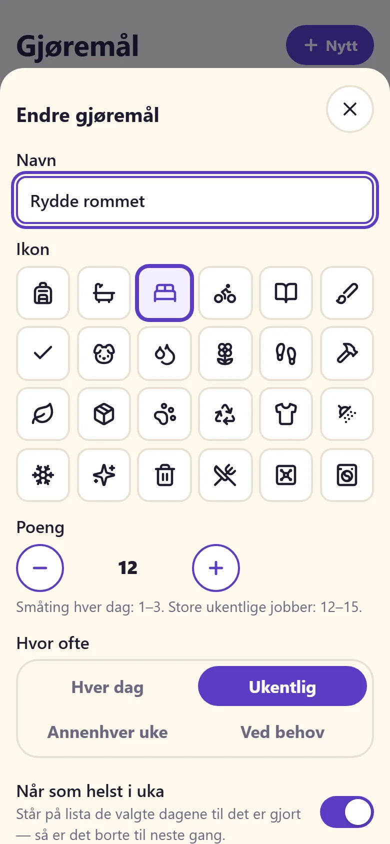 Skjemaet for et gjøremål: navn, ikon, poeng, hvor ofte og om det krever godkjenning.