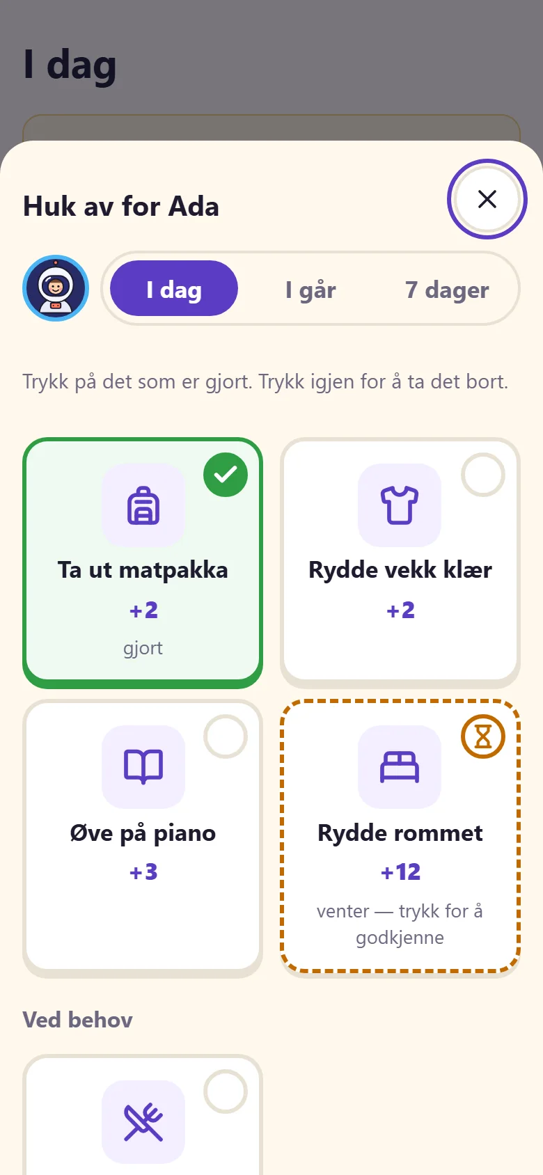 «Huk av for Ada»: dagens gjøremål som store fliser, der ett trykk fører på.