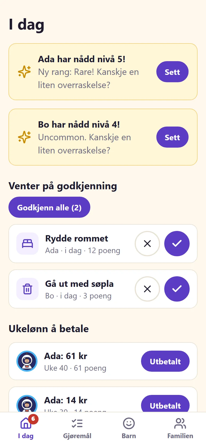 De voksnes oversikt: et nytt nivå, gjøremål som venter på godkjenning, og ukelønn som skal betales.
